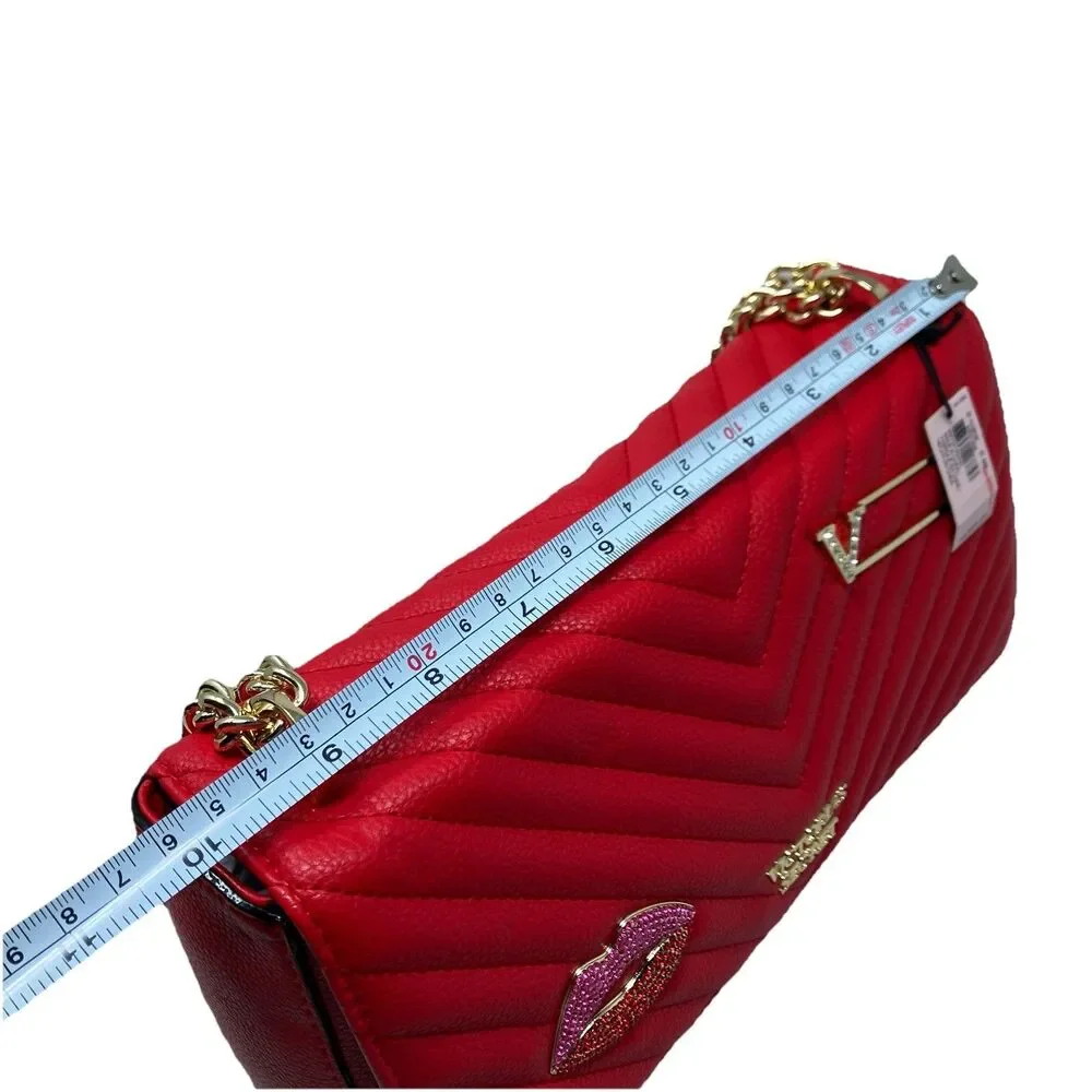 Victoria Secret Red Quilted Gold Chain Rhinestone Bond Street Crossbody Bag‎